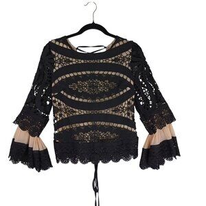 Boho Blouse Black Lace Bell Sleeve Nude Lining Back Tie Detail Crochet Accents